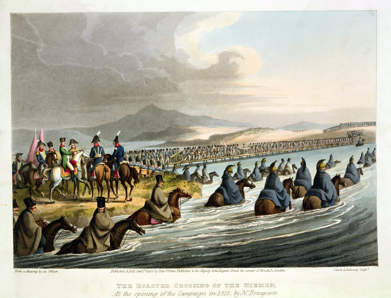 1812年由N. Bonaparte在一场军官的绘画开幕式上，由John Heaviside Clark（c.1771-1863）和Matthew Dubourg（1813-20）拍摄的Niemen的横穿 作者 英语学校