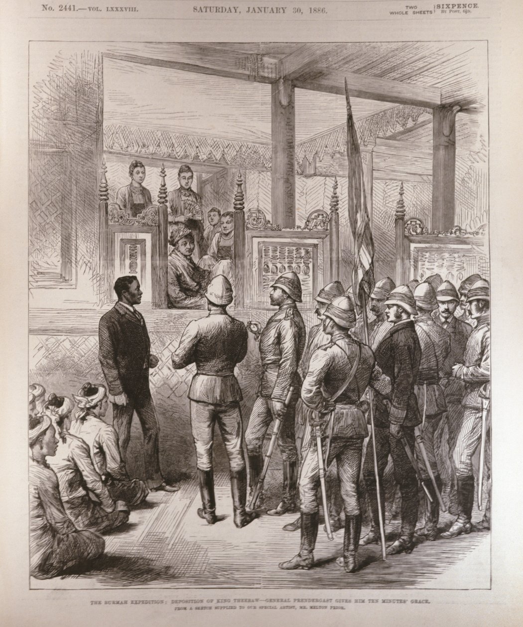 Theebaw国王的Burmah沉积（1858-1916）：Prendergast将军给予他十分钟的恩典，来自1886年1月30日的伦敦新闻画报 作者 英语学校