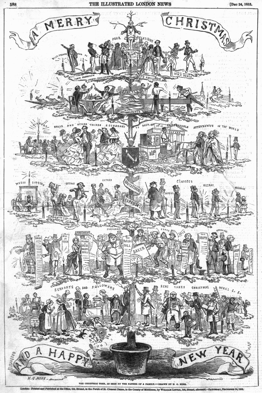 1853年12月24日，一个家庭的父亲看到的圣诞树，来自“伦敦新闻画报”的插画 作者 英语学校