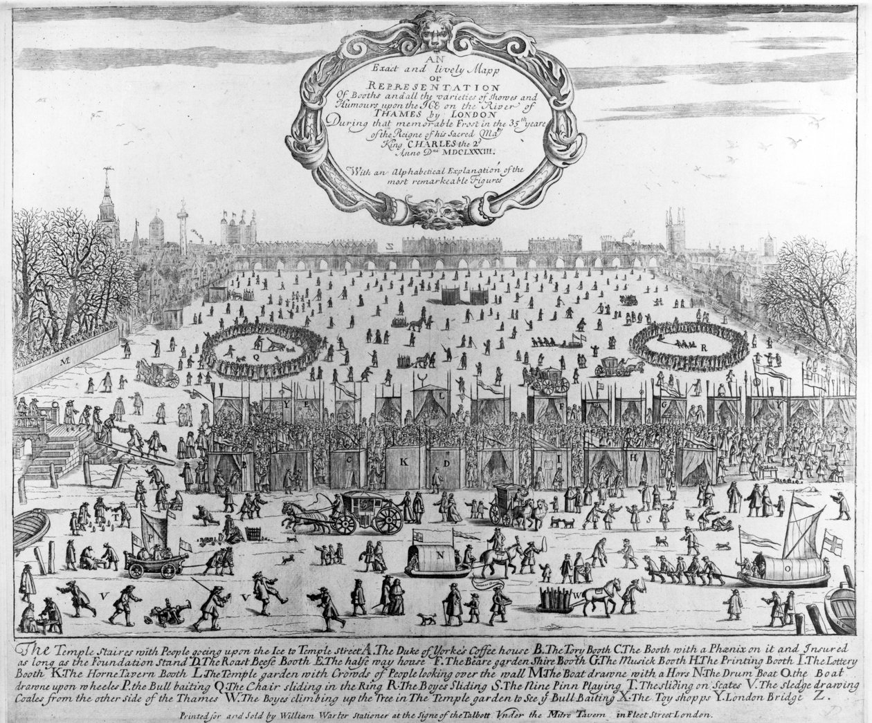 1683年至1884年冬天在泰晤士河上的冰霜博览会，与远处的旧伦敦桥。 c.1684 作者 英语学校