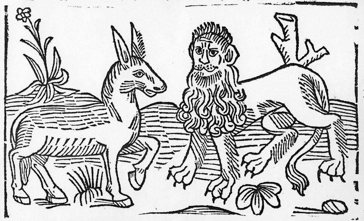 狮子与驴，卡斯克森的“伊索寓言”中的插图，1484年 作者 英语学校