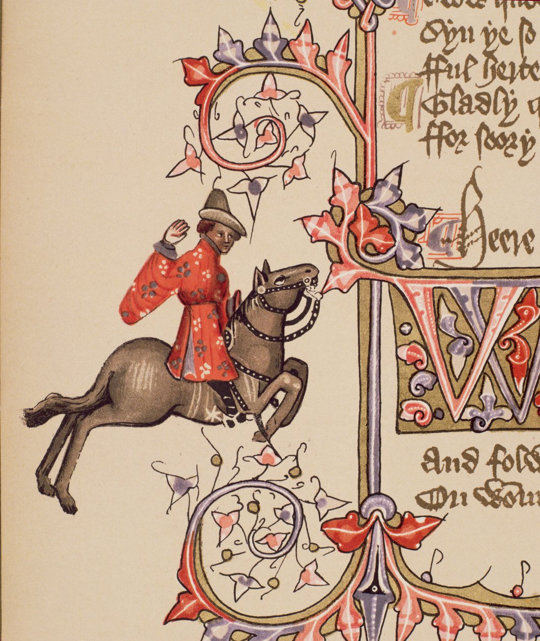 The Merchant，详细信息来自The Canterbury Tales，作者：Geoffrey Chaucer（c.1342-1400）Ellesmere Manuscript，传真版，1911年（原始细节见128920） 作者 英语学校