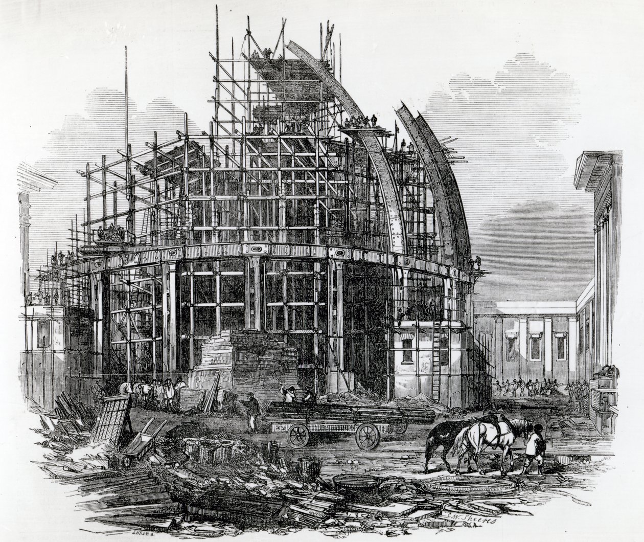 大英博物馆的新阅览室，正在建造中，由CWSheeres雕刻，于1855年4月14日出版于“伦敦新闻画报” 作者 英语学校