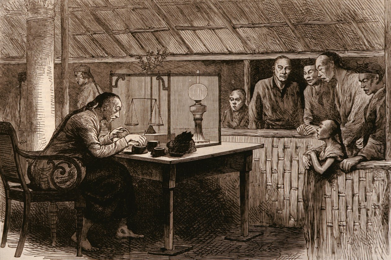 鸦片交通：中国销售鸦片，来自“伦敦新闻画报”，1882年2月4日 作者 英语学校