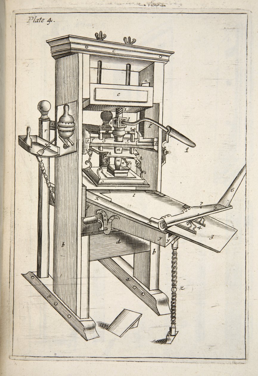 印刷机，来自Mechanick Exercises：或Handy-Works原理应用于印刷艺术，酒吧。 1683 作者 英语学校