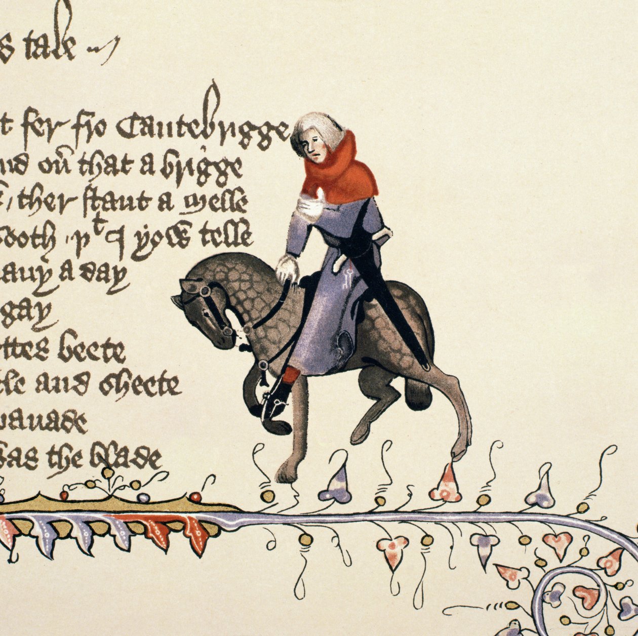 The Reeve，来自The Canterbury Tales的细节，作者Geoffrey Chaucer（c.1342-1400）Ellesmere Manuscript，传真版，1911年（原始细节见128932） 作者 英语学校