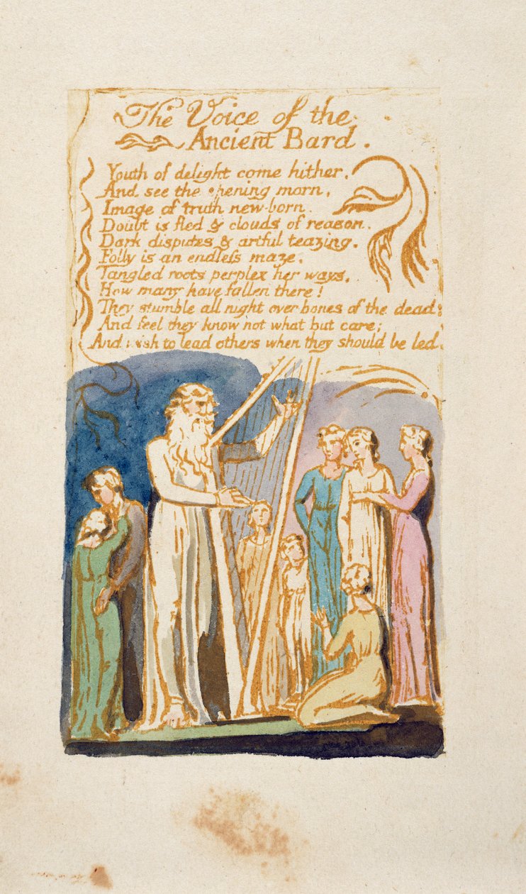 “古代吟游诗人的声音”，来自“纯真和经验之歌”的第16页，在William Blake（1757-1827）c.1808之后（用笔和棕色墨水写成） 作者 英语学校