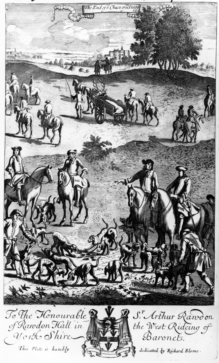 1686年Richard Blome出版的“The Gentleman&39;s Recreation”中的雄鹿追逐结束 作者 英语学校