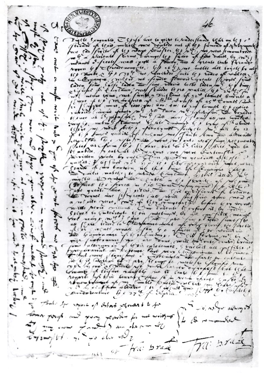 1587年卡迪斯（弗朗西斯·德雷克爵士）（1540-96）的书面发稿（纸和笔墨水） 作者 英语学校