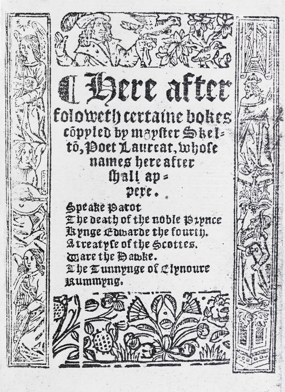 John Skelton撰写的“由Mayster Skelton复制的Certaine Bokes”的标题页，出版于1550年（印刷纸） 作者 英语学校
