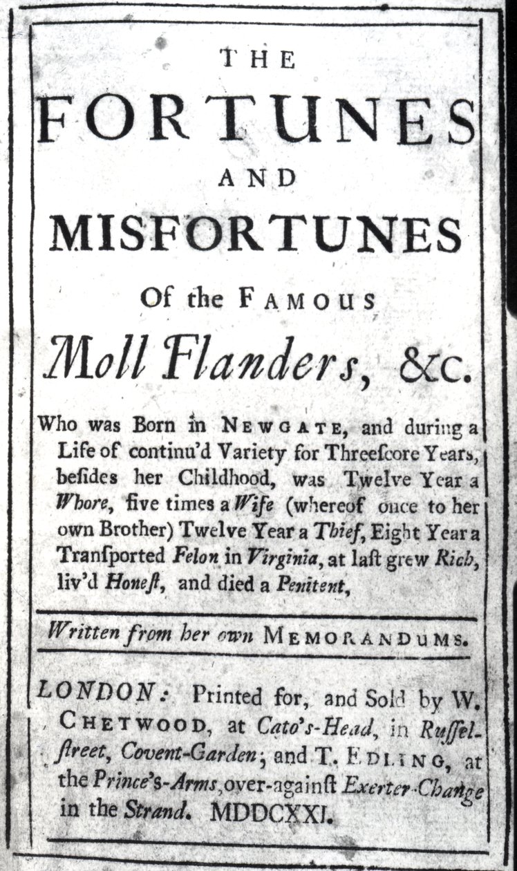 1722年出版的Daniel Defoe的“Moll Flanders”标题页（印刷纸） 作者 英语学校