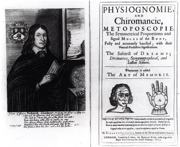 Physiognomie和Chiromancie的标题页：Richard Sanders的“记忆的艺术”，作者的肖像，于1653年出版 作者 英语学校