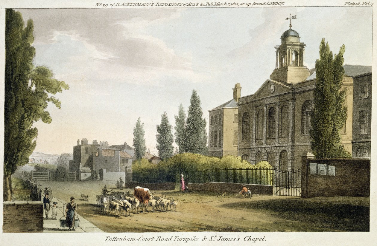 Tottenham Court Road收费公路和圣詹姆斯教堂，来自&39;Ackerman&39;s Repository of Arts&39;于1812年在伦敦出版（彩色版画） 作者 英语学校