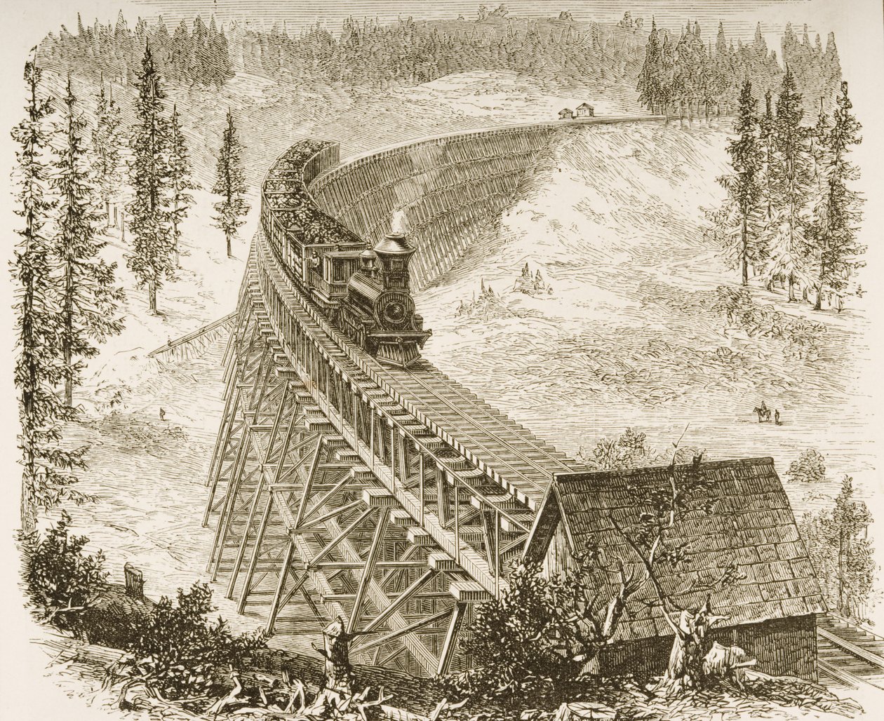 太平洋铁路的Trestle Bridge，内华达山脉，1870年，来自&39;美国图片&39;，由The Religious Tract Society出版，1876年 作者 英语学校