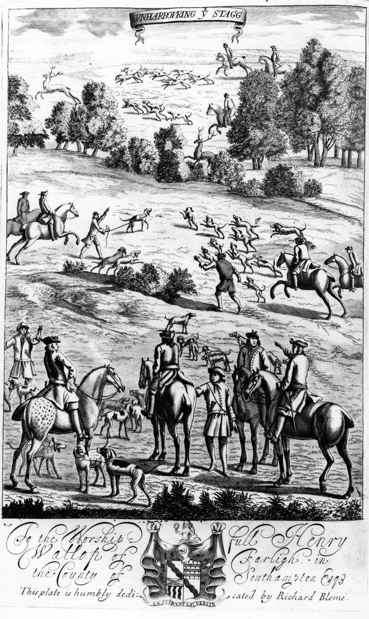 1686年，理查德·布洛姆（Richard Blome）出版的“绅士的娱乐活动”（The Gentleman&39;s Recreation）中的斯塔格（Stagg）令人震惊 作者 英语学校