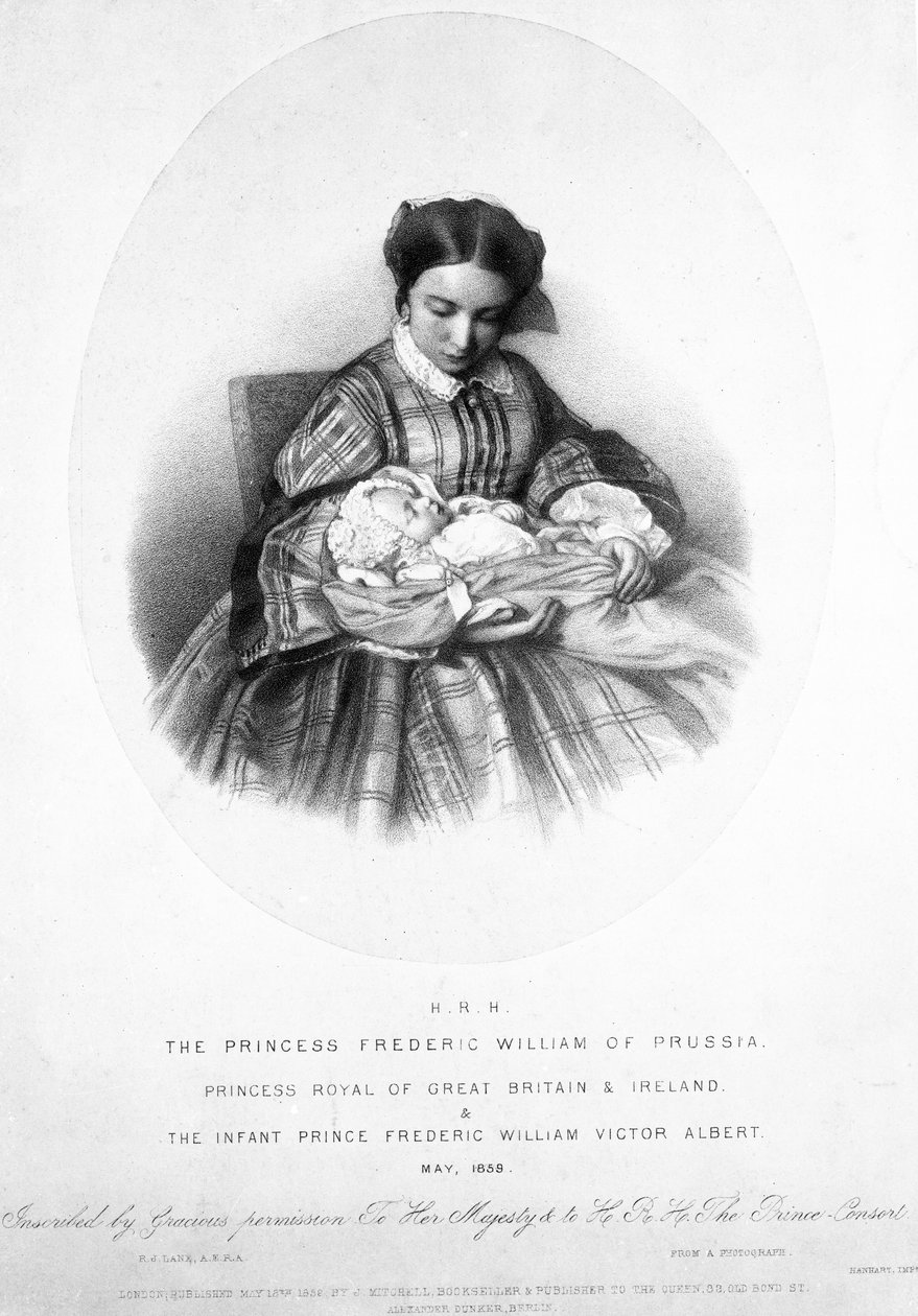 维多利亚，皇家公主（1840-1901）与她的儿子，王子弗雷德里克威廉·维克多·艾伯特，1859年5月，从一张照片 作者 英语学校