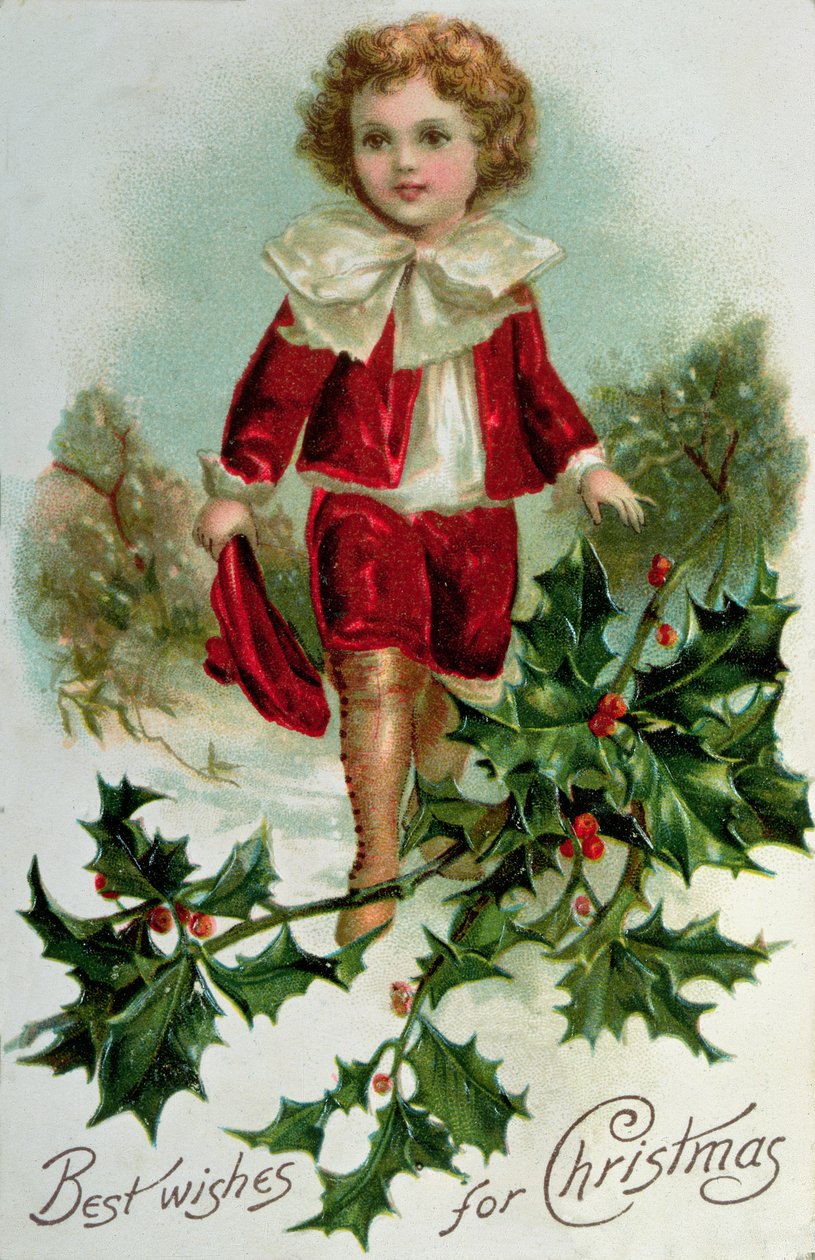 描述红色的维多利亚女王时代的圣诞节明信片一个男孩在雪 作者 英语学校