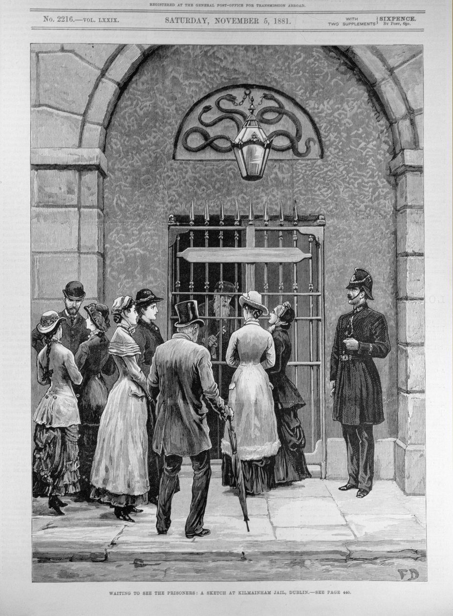 等待见囚犯; 1881年5月11日，来自“伦敦新闻报”的都柏林Kilmainham监狱的素描 作者 英语学校