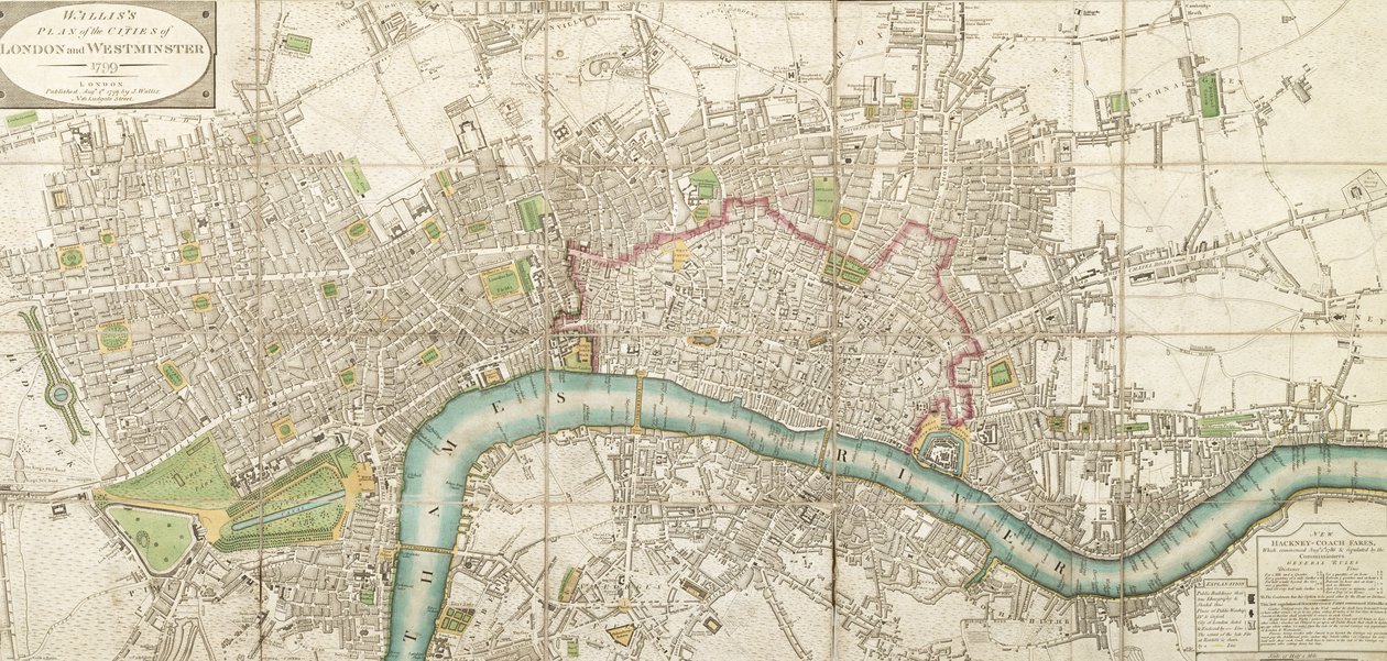 沃利斯折叠伦敦金融城和威斯敏斯特地图，1799年 作者 英语学校