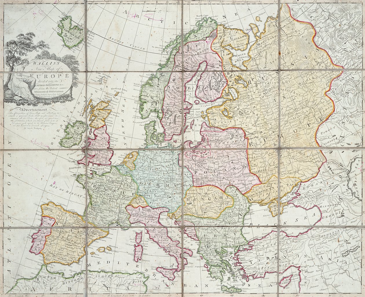 瓦利斯的新欧洲地图分为帝国王国，1789年（手工彩色雕刻） 作者 英语学校