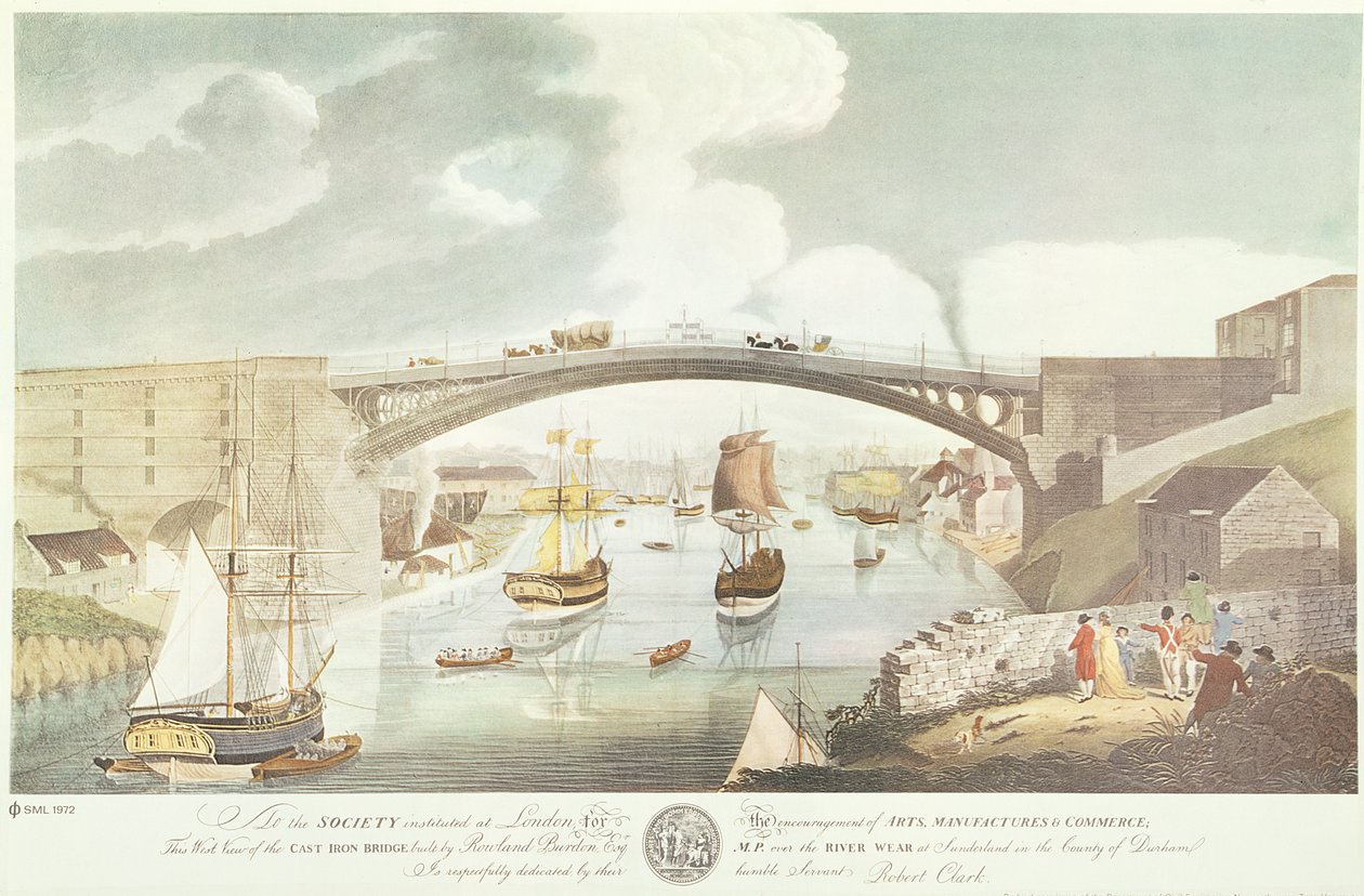 由Rowland Burdon Esq。，MP建造的铸铁桥的西视图，在桑德兰的River Wear上，c.1796（手工彩色雕刻） 作者 英语学校