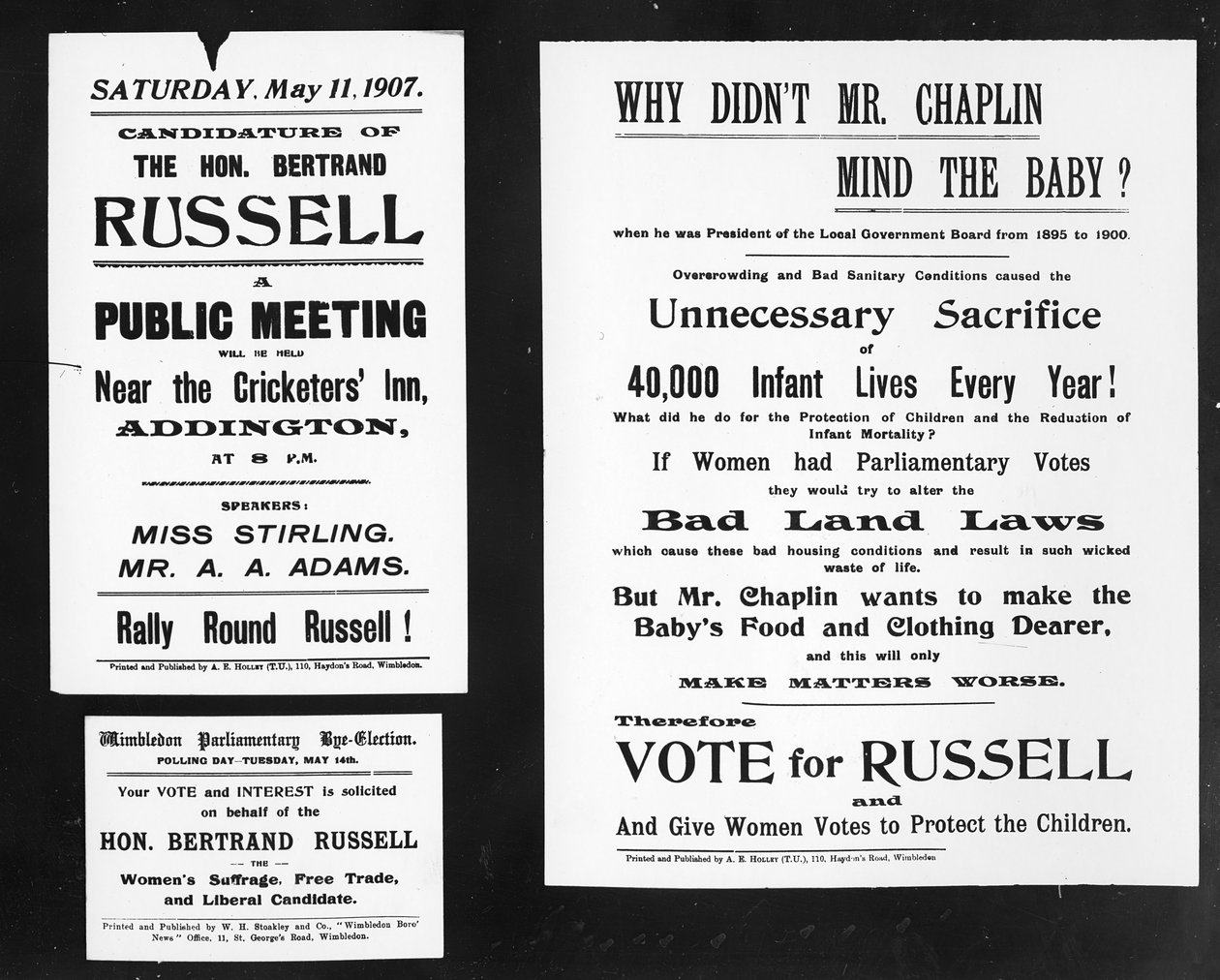 1907年Bertrand Russell的选举活动（印刷纸）张贴了“卓别林先生为什么不介意婴儿”的海报 作者 英语学校