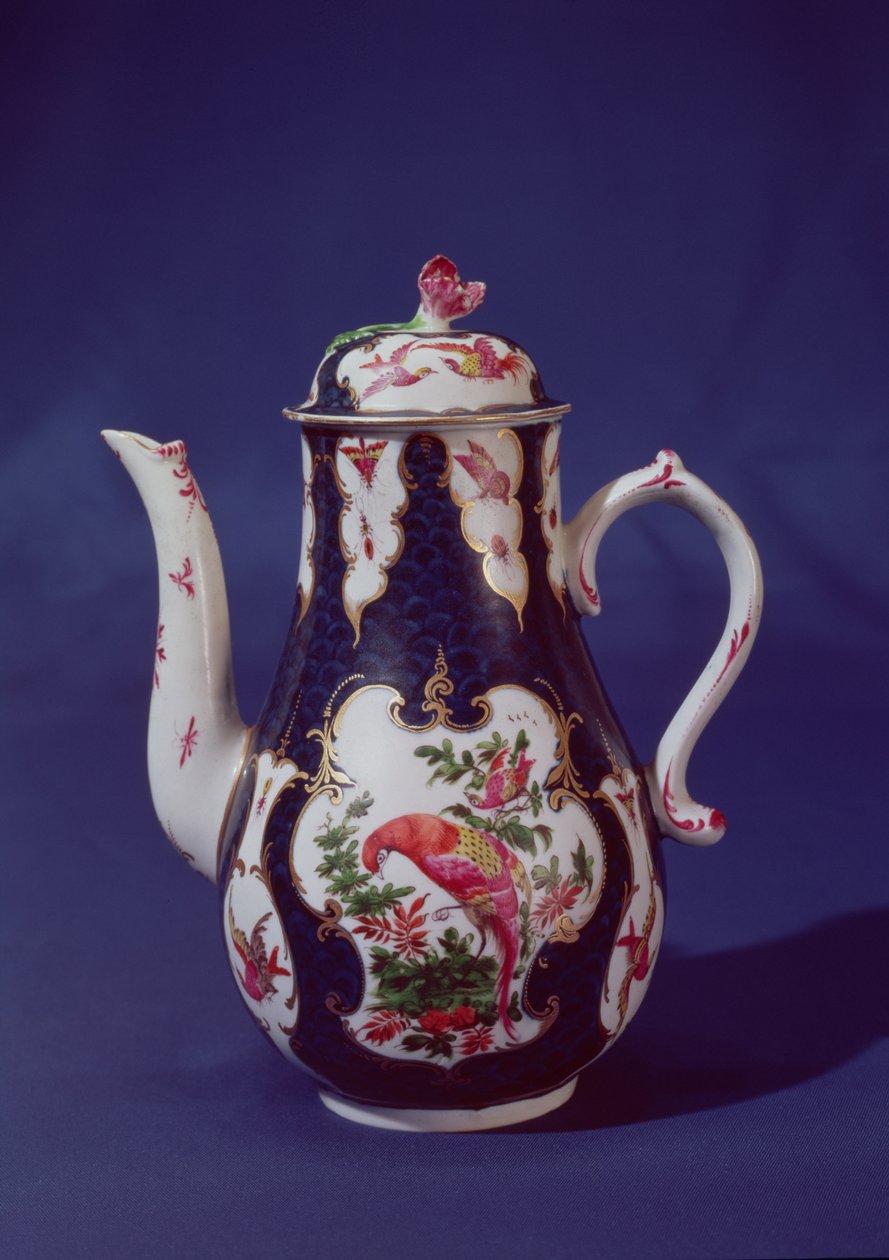 伍斯特咖啡壶，装饰着天堂鸟，1750（瓷器） 作者 英语学校