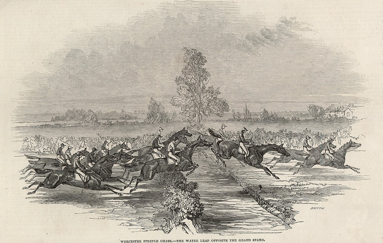 Worchester Steeple Chase：1845年4月26日“伦敦新闻画报”中的大型展台对面的水跃 作者 英语学校