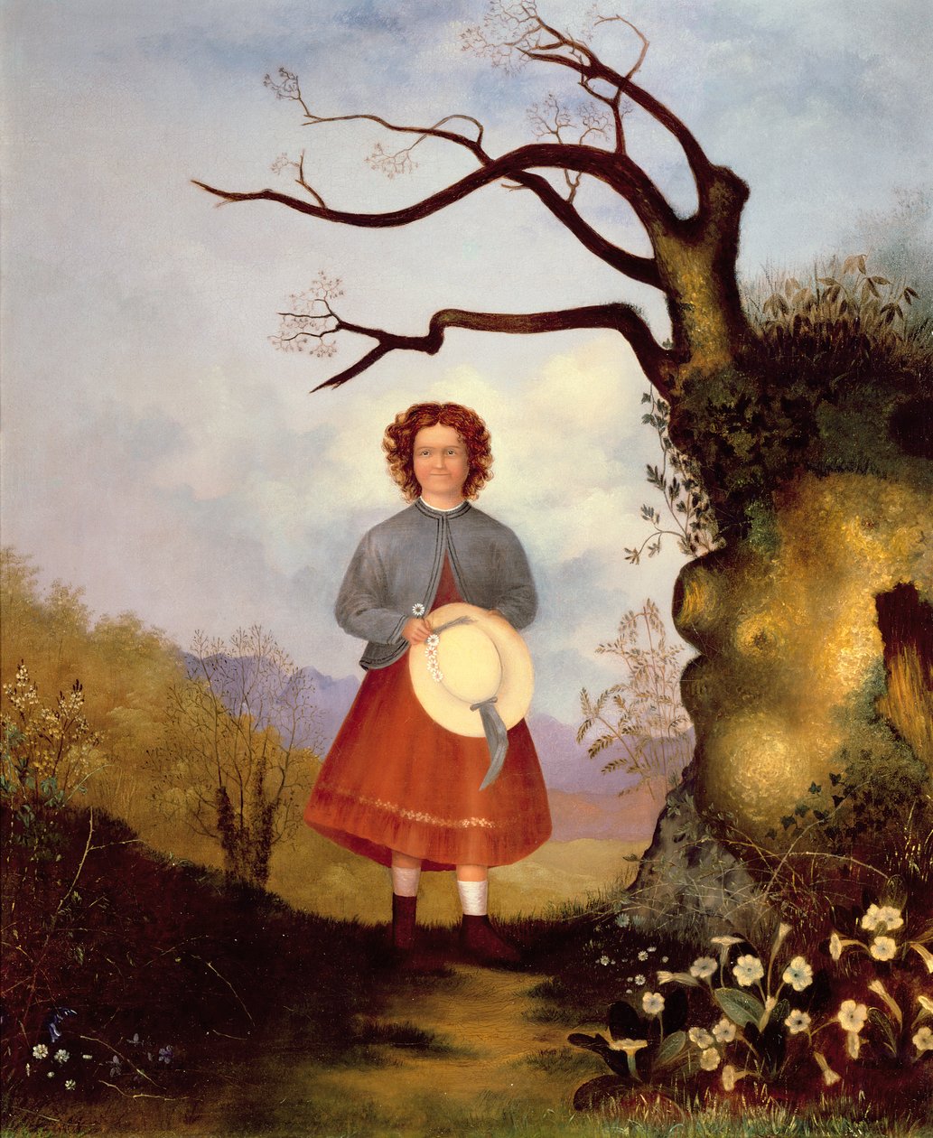 一个风景的女孩与报春花，c.1850 作者 英语学校