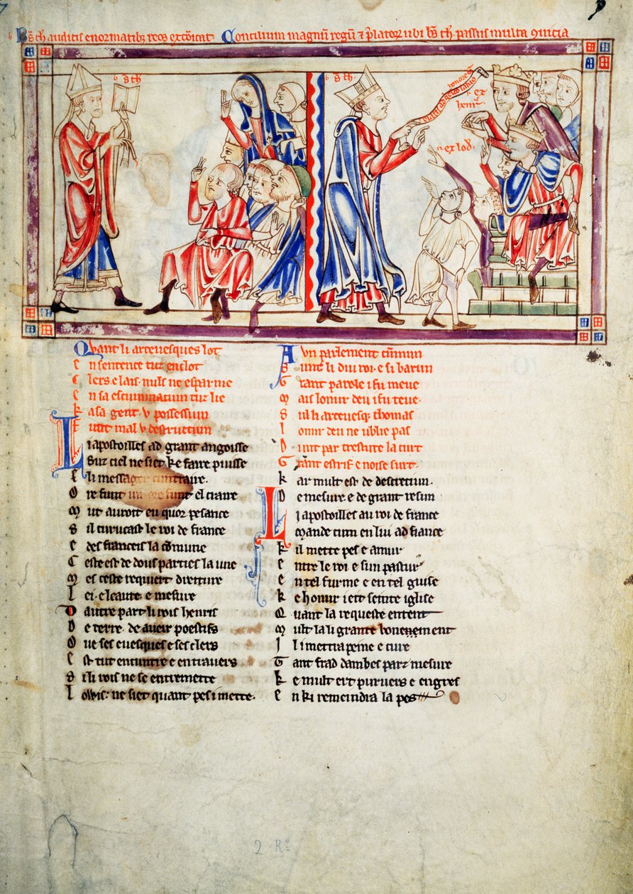 f.2 LtoR Thomas a Becket宣布对他的敌人进行逐出教会的判决，并在英格兰国王亨利二世与法国国王路易七世（来自Becket Leaves，c.1220-40）之前辩论他的案件。 作者 英语学校