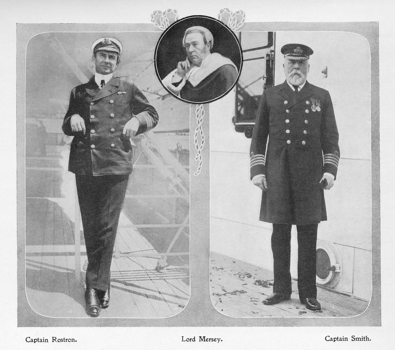 RMS Carpathia上尉亚瑟亨利罗斯特龙救出泰坦尼克号幸存者（左），领导泰坦尼克号调查委员会（中）的梅西勋爵和泰坦尼克号队长爱德华约翰史密斯（左） 作者 英国摄影师