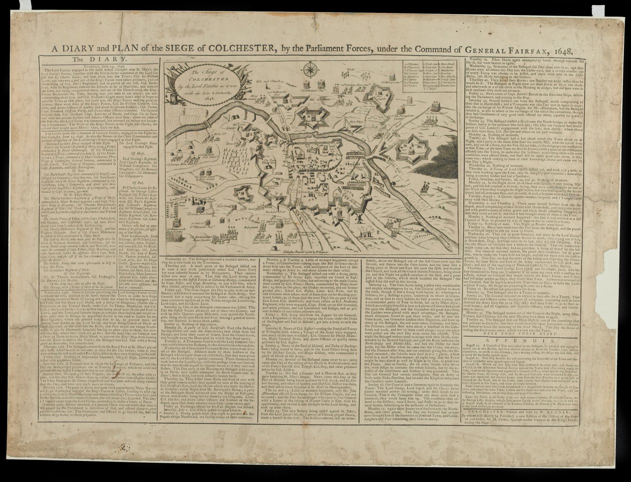 科尔切斯特1648年围城的日记和画报计划，由W. Keymer，1648年出版和出售 作者 英语学校