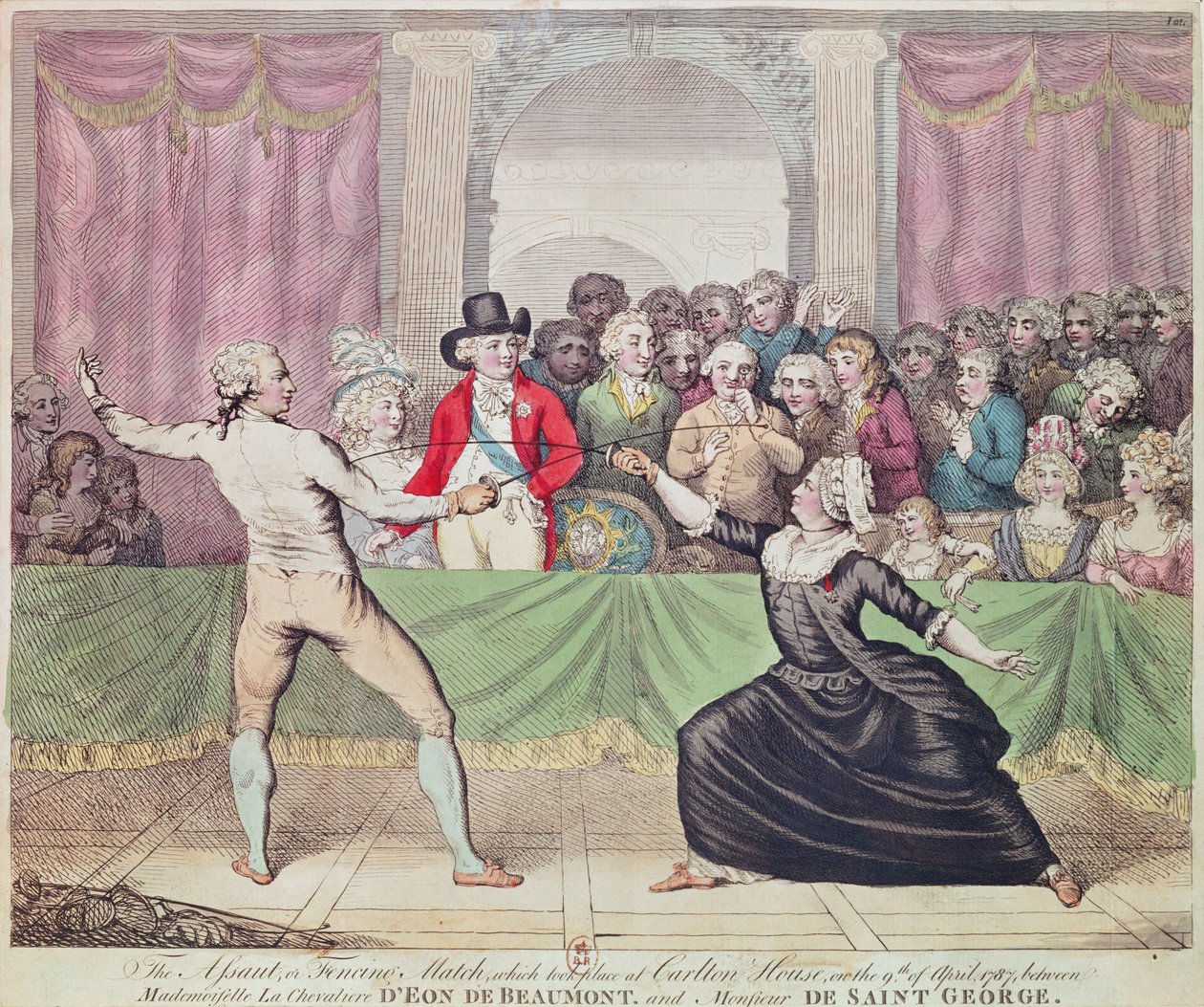 1787年，在身穿女装的骑士义大利国王伊昂王子身旁，摄政王亲王亲临卡尔顿大厦的击剑决斗 作者 英语学校