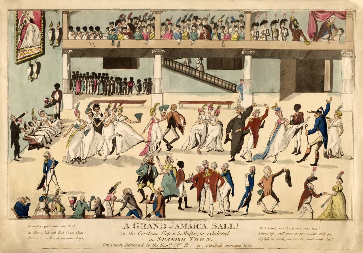 A Grand Jamaica Ball or the Creolean Hop a la Muftee in Sanish Town, pub. 1802 (hand coloured engraving) 作者 英语学校