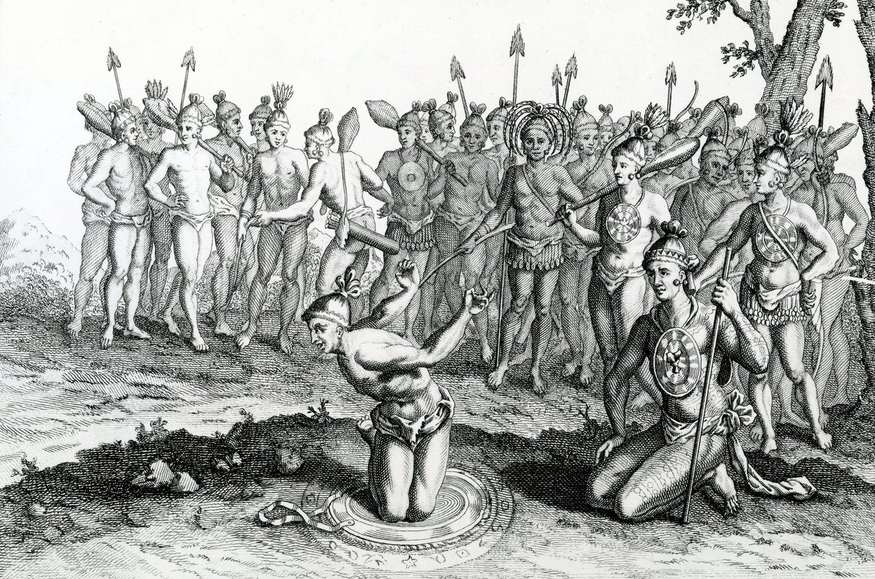 佛罗里达国王在前往战斗之前咨询他的魔术师，插图取自Moores Voyages and Travels，1778年 作者 英语学校