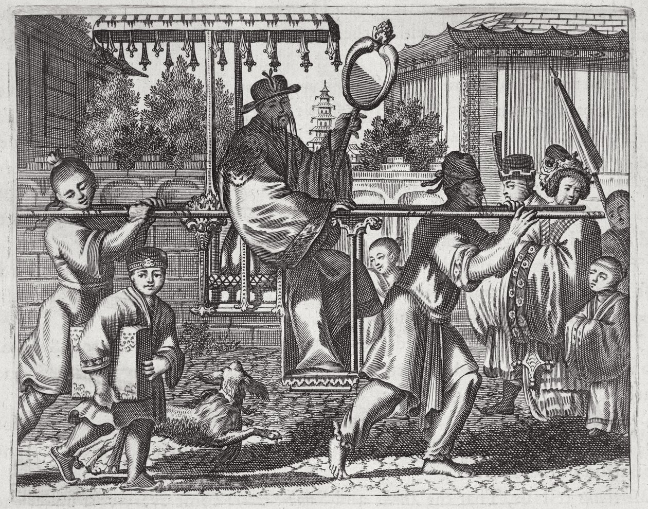 在轿车椅子上的普通话，从大使馆到中国的描述插图，1690年 作者 英语学校