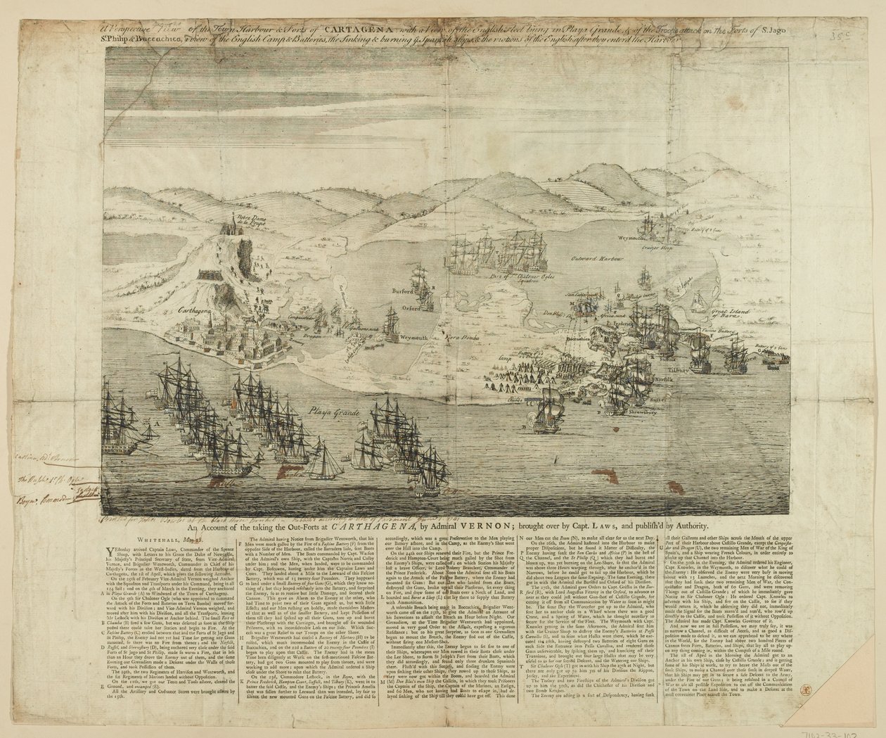 1739年的Carthagena城镇，港口和堡垒的透视草案，1741年出版（线条雕刻） 作者 英语学校