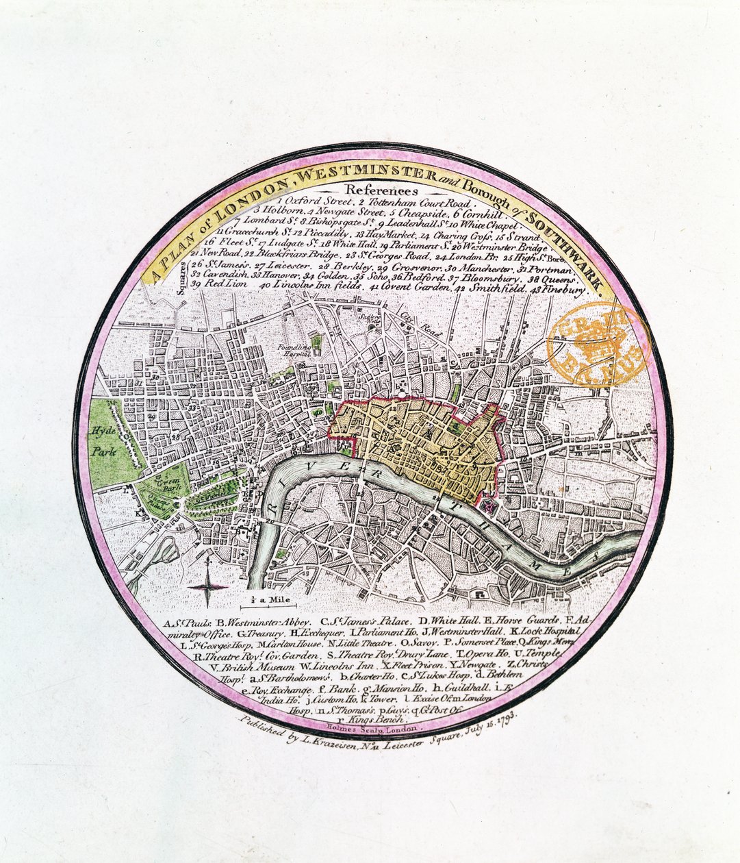 1793年伦敦，威斯敏斯特和南华克自治市的计划（手工彩色雕刻） 作者 英语学校