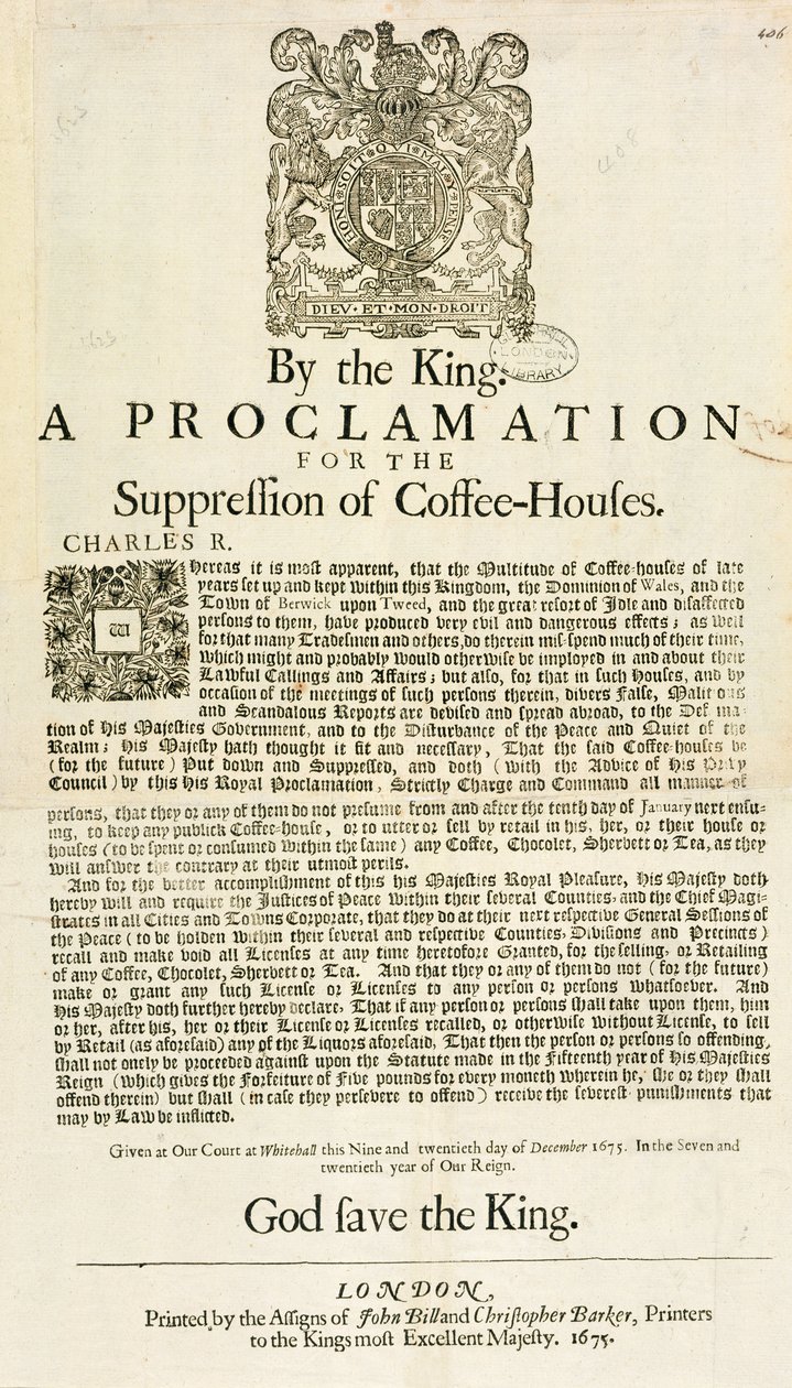 国王宣布禁止咖啡馆，1675年 作者 英语学校