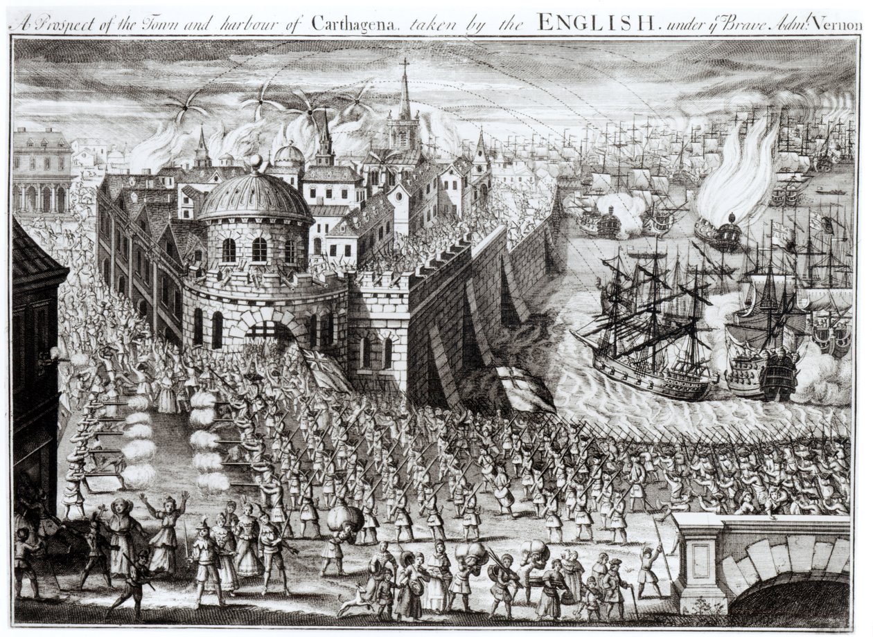1741年由英国勇敢的海军上将弗农拍摄的卡特哈纳镇和港湾的前景 作者 英语学校