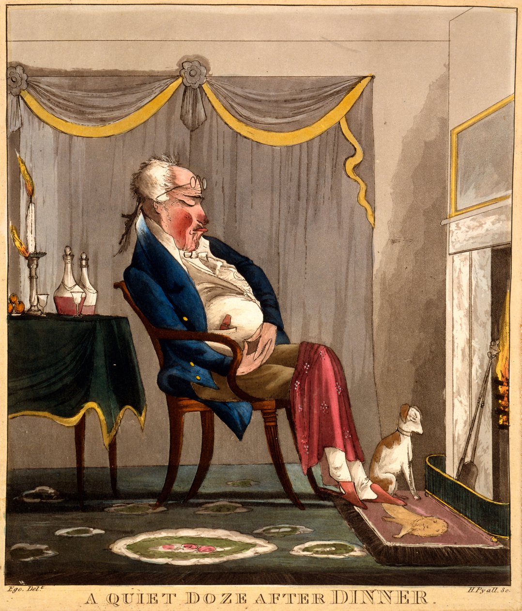 晚餐后安静的打盹，由H. Pyall制作，c.1827-33（手工彩色雕刻） 作者 英语学校