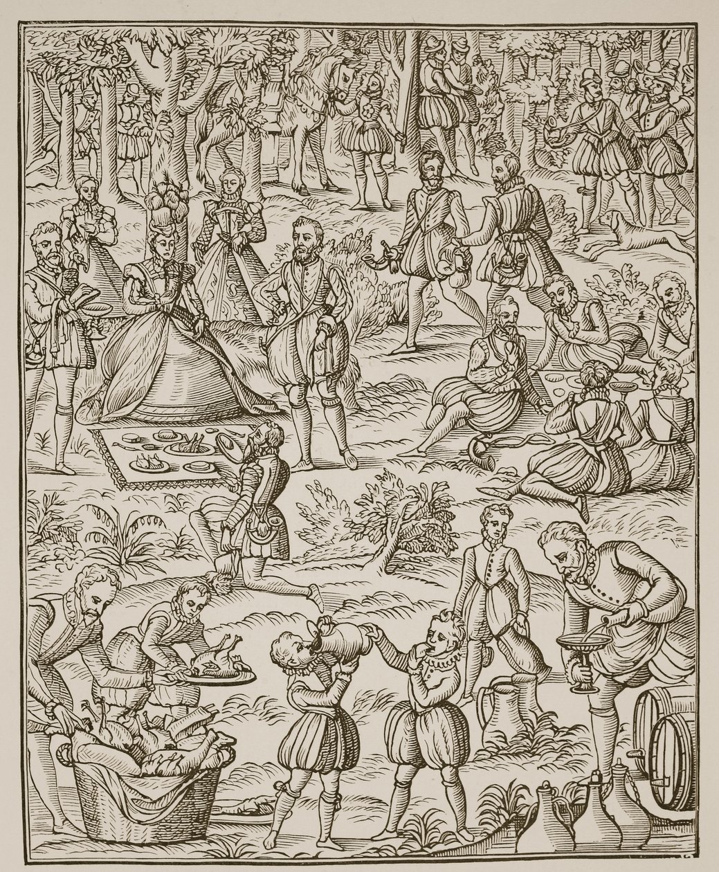 皇家野餐，来自Noble Art of Venerie的板块和1575年George Turberville的狩猎（棕褐色照片） 作者 英语学校