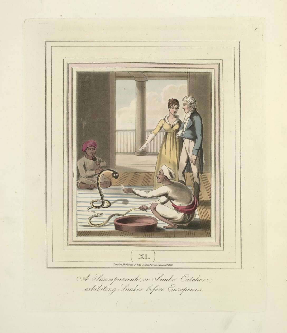 一位在欧洲人面前展示蛇的捕蛇人，约 1824 年（彩色石版画） 作者 英语学校