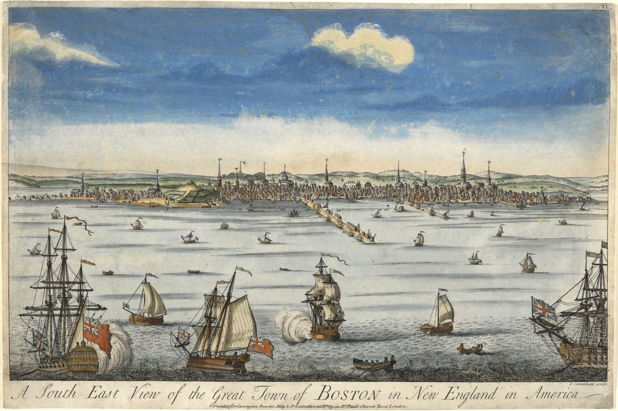 新英格兰波士顿大城东南景，约1730年（手绘版画）。 作者 英语学校