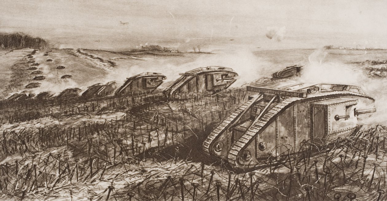 法国康布雷的坦克攻势，HG威尔斯的“历史概论”插图，第二卷，1920年出版 作者 英语学校