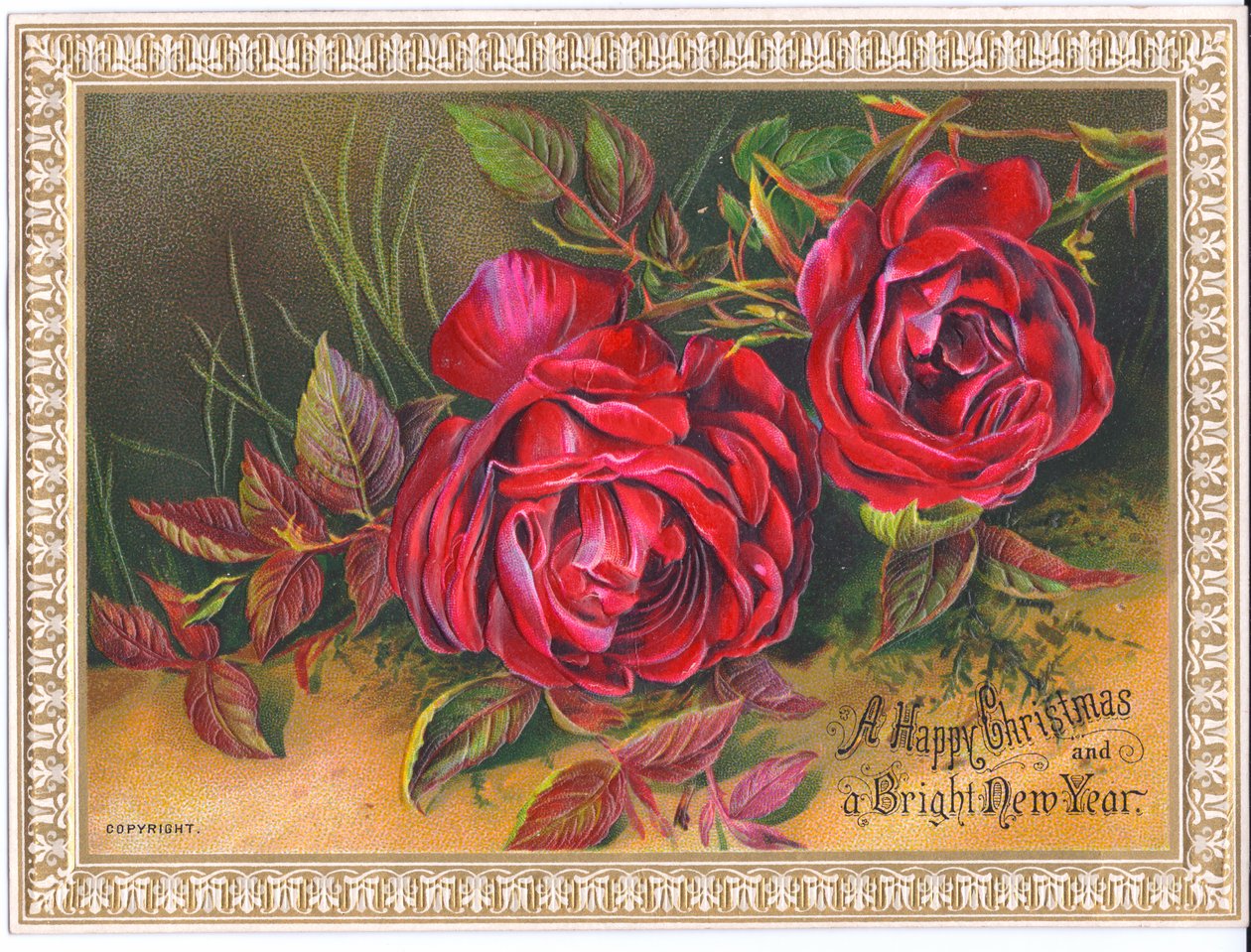 维多利亚时代的圣诞节和新年贺卡，描绘了两朵大红玫瑰，约1880年 作者 英语学校
