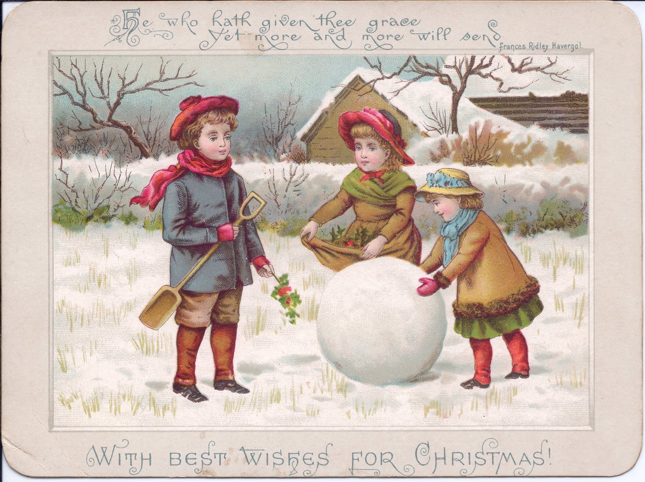 一张维多利亚时期的圣诞卡，卡上有三个孩子在玩一个大雪球，约 1880 年（彩色石版印刷）。 作者 英语学校
