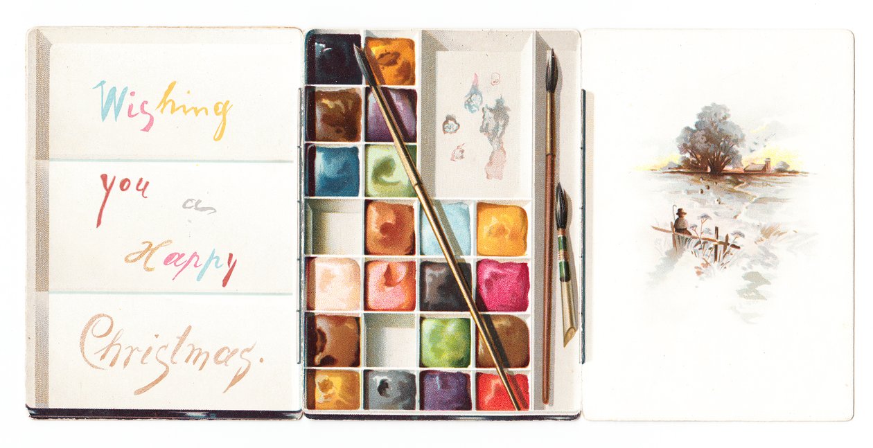 A Victorian die cut Christmas card in the shape of a watercolour paint box, c 1880 (colour litho) 作者 英语学校