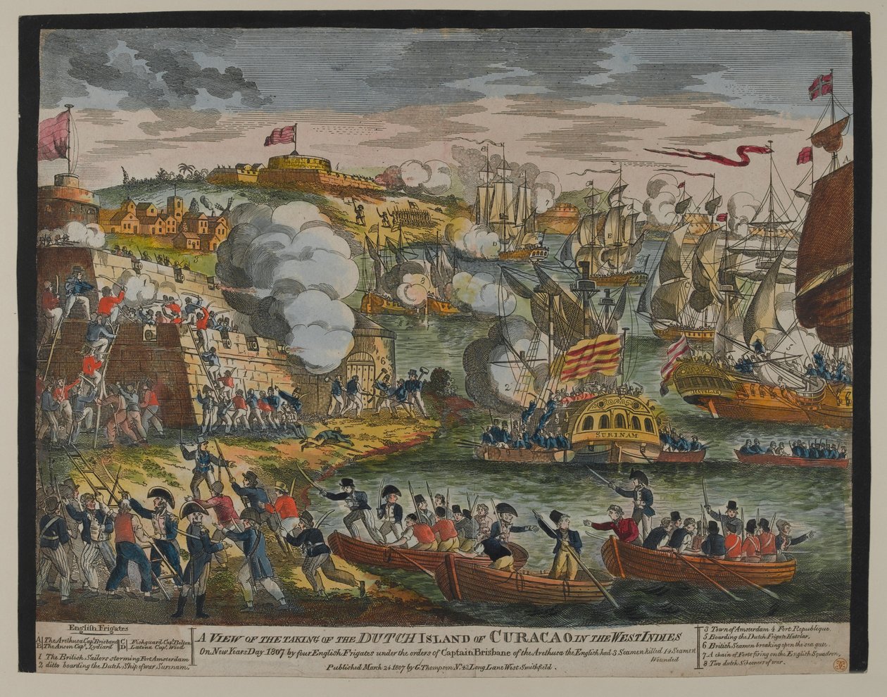 1807年1月1日，西印度群岛库拉索岛的拍摄景观，由G.Thompson于1807年出版（彩色木刻） 作者 英语学校