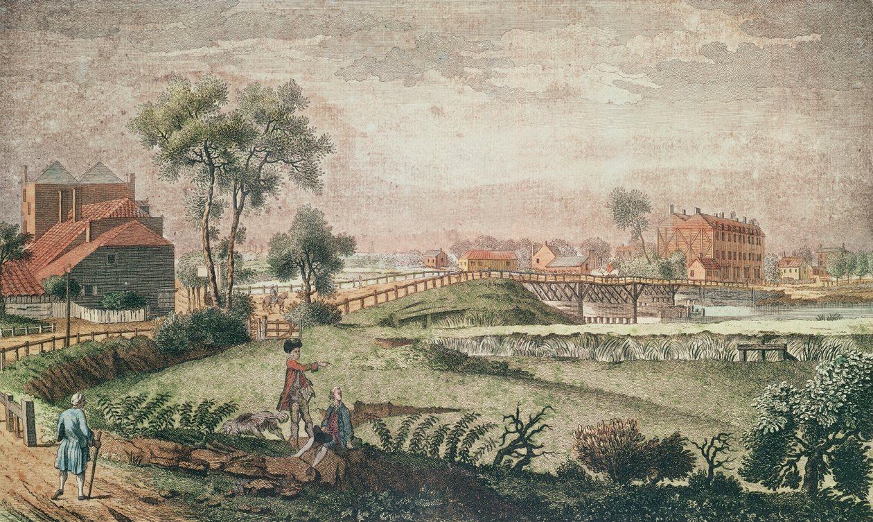 切尔西桥的西视图，1761年（彩色雕刻） 作者 英语学校